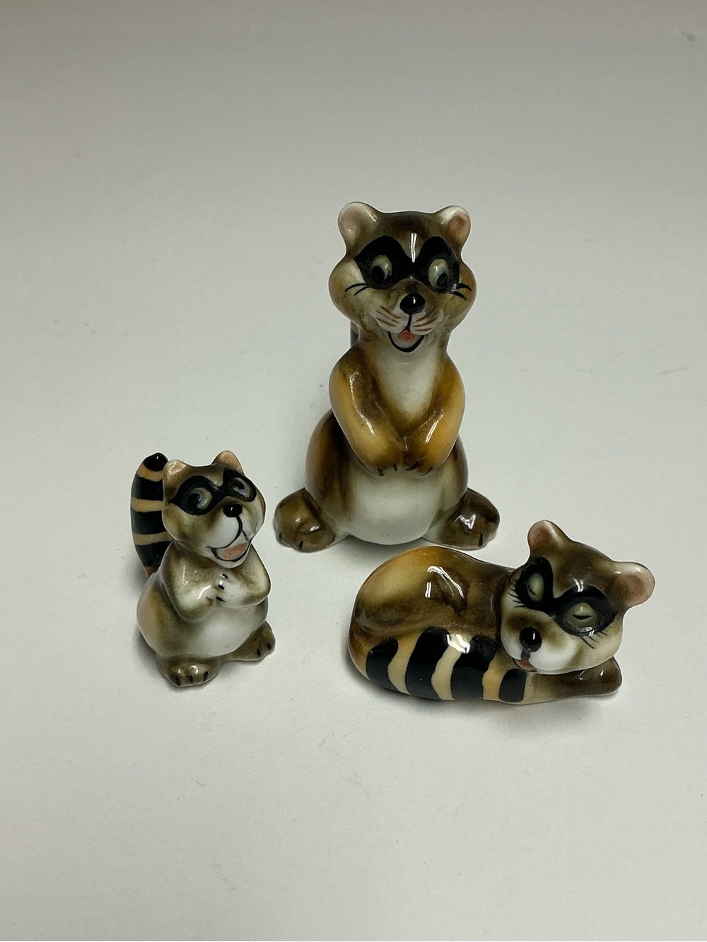 Vintage Bone China Miniature Figurines Raccoon Family Lot of 3 Raccoons Mini Set